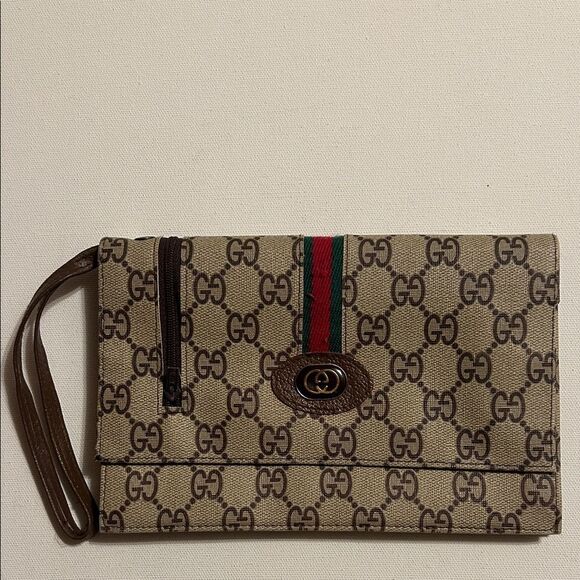 Gucci Handbags - Gucci Vintage Beige and Brown Monogram Clutch